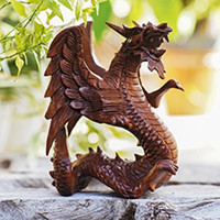 Wood statuette, 'Winged Dragon' - Hand Carved Wood Dragon Sculpture