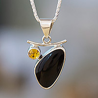 Obsidian and citrine pendant necklace, 'Dewdrop' - Artisan Crafted Taxco Silver Obsidian and Citrine Necklace