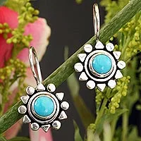 Turquoise drop earrings, 'Aztec Star' - Fair Trade Sterling Silver Natural Turquoise Earrings