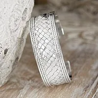 Sterling silver cuff bracelet, 'Pandan Weaving' - Hand Woven Sterling Silver Cuff Bracelet