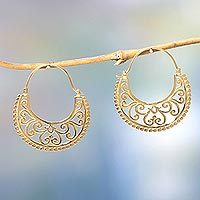 Gold vermeil hoop earrings, 'Moonlit Garden' - Unique Hoop Earrings in 22k Gold Vermeil from Bali