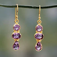 Amethyst and gold vermeil dangle earrings, 'Lilac Triad' - 22k Gold Vermeil Dangle Earrings with Three Amethysts