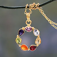 Vermeil multi-gemstone chakra necklace, 'Peace Within' - Multi-gemstone Vermeil Necklace Chakra Jewelry from India