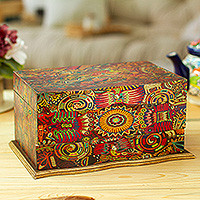 Decoupage jewelry box, 'Huichol Enchantment' - Huichol Theme Decoupage on Pinewood Jewelry Box with 3 Decks