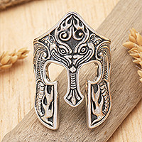 Men's sterling silver cocktail ring, 'Brawijaya Mask' - Sterling Silver Men's Dragon Balinese Warrior Ring