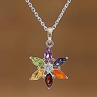 Multi-gemstone pendant necklace, 'Floral Chakra' - Multi-Gemstone Floral Pendant Necklace from India