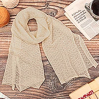 100% baby alpaca scarf, ' Champagne Gossamer' - Textured 100% Baby Alpaca Wrap Scarf in Champagne from Peru