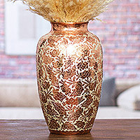 Copper decorative vase, 'Shining Glory' - Handcrafted Floral Copper and Silver Vase from Mexico