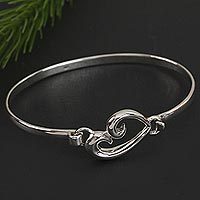 Sterling silver bangle bracelet, 'Heart Curl' - Taxco Sterling Silver Heart Bangle Bracelet from Mexico