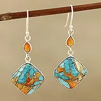 Carnelian dangle earrings, 'Kite Flyer' - Carnelian and Composite Turquoise Sterling Silver Earrings