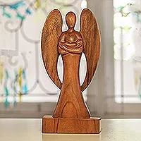 Wood sculpture, 'Guardian Angel' - Hand Carved Wood Angel and Baby Sculpture