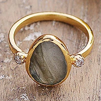 Gold-plated labradorite cocktail ring, 'Evening Light' - 18k Gold-Plated Pear-Shaped Labradorite Cocktail Ring