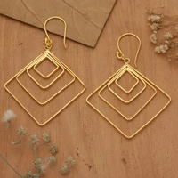 Gold-plated dangle earrings, 'Victorious Orbits' - Diamond-Shaped 18k Gold-Plated Brass Dangle Earrings