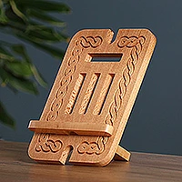 Wood device holder, 'New Ancestry' - Classic Braid-Patterned Hand-Carved Beechwood Device Holder