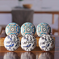 Ceramic knobs, 'Blissful Harmony' (set of 6) - 6 Hand-Painted Ceramic Knobs with Bird and Geometric Motifs