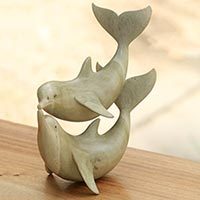 Wood sculpture, 'Dolphins in Love' - Balinese Hand Carved Dolphin Wood Sculpture